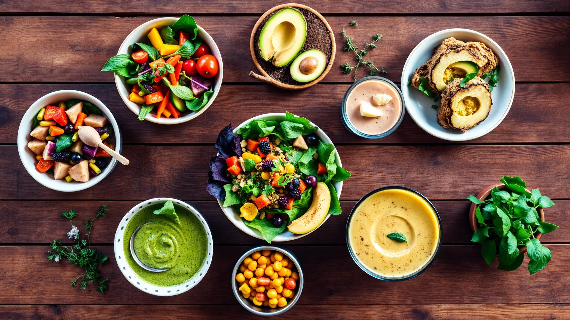 Colorful vegan meal spread on a rustic table